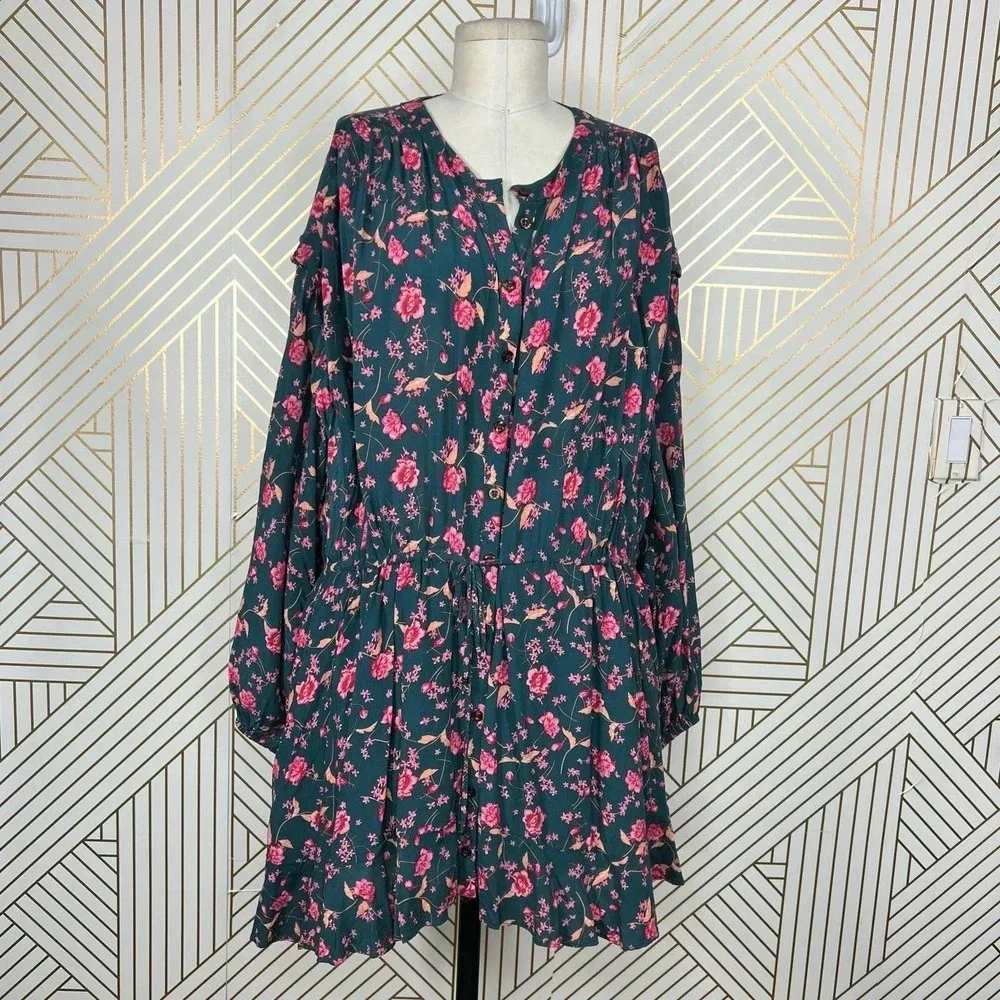 Free People Flower Fields Mini Dress Green Pink Floral Print Size‎ Medium